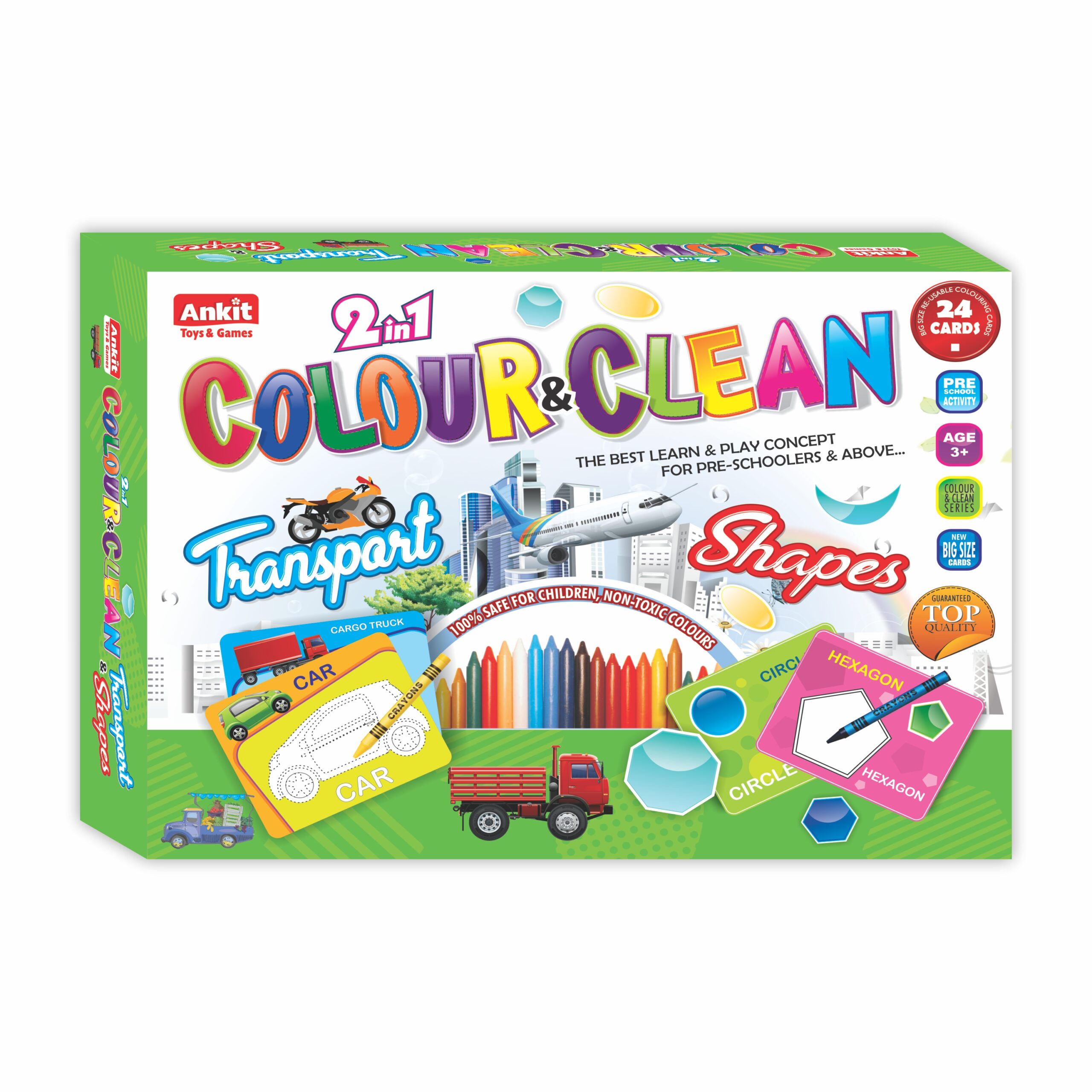 Ankit Toys 2 in 1 Colour & Clean - Transport & Shapes